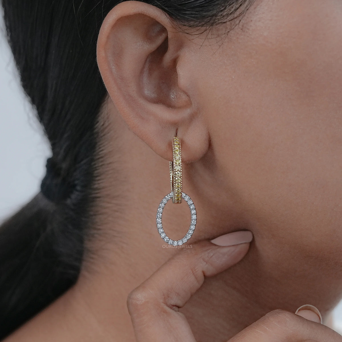 Modern Dual Tone Hoop Earrings with Lab Diamonds Earrings