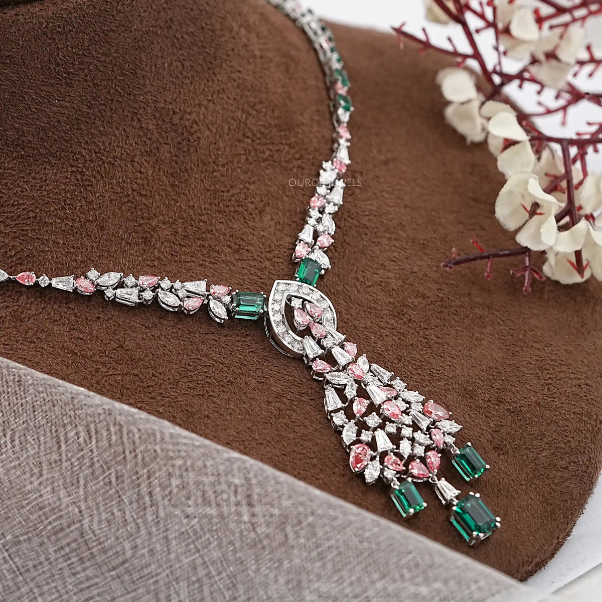 Green Emerald & Pink Pear Diamond Wedding Necklace