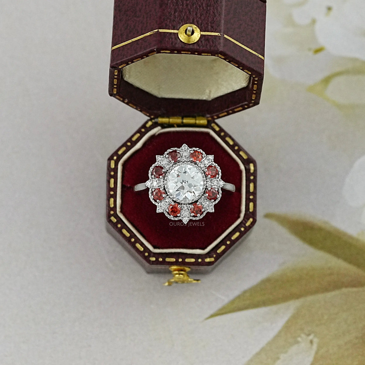 OEC Round Lab Diamond And Ruby Gemstone Halo Ring Rings