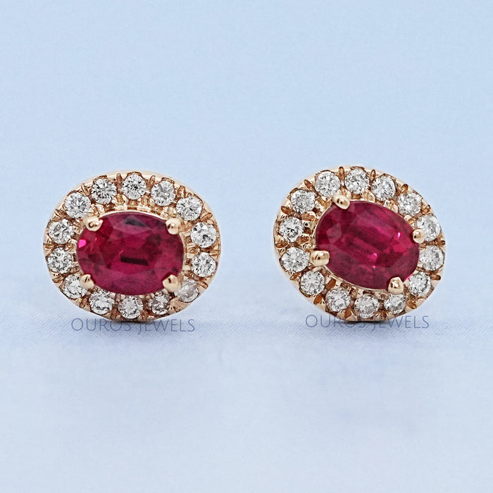 Ruby Oval Gemstone Halo Set Stud Earring