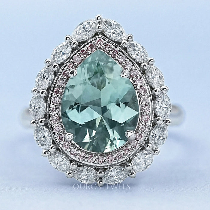 pear gemstone double halo aquamarine engagement ring's front view