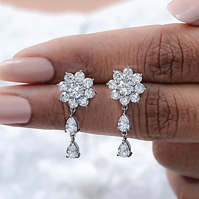 Flower Cluster Diamond Drop Earrings for Bride