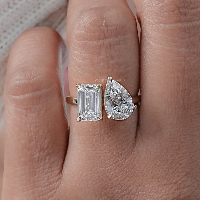 Pear And Emerald Diamond Two Stone Ring