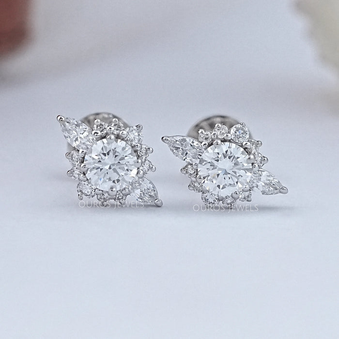 Round And Marquise Diamond Cluster Stud Earrings