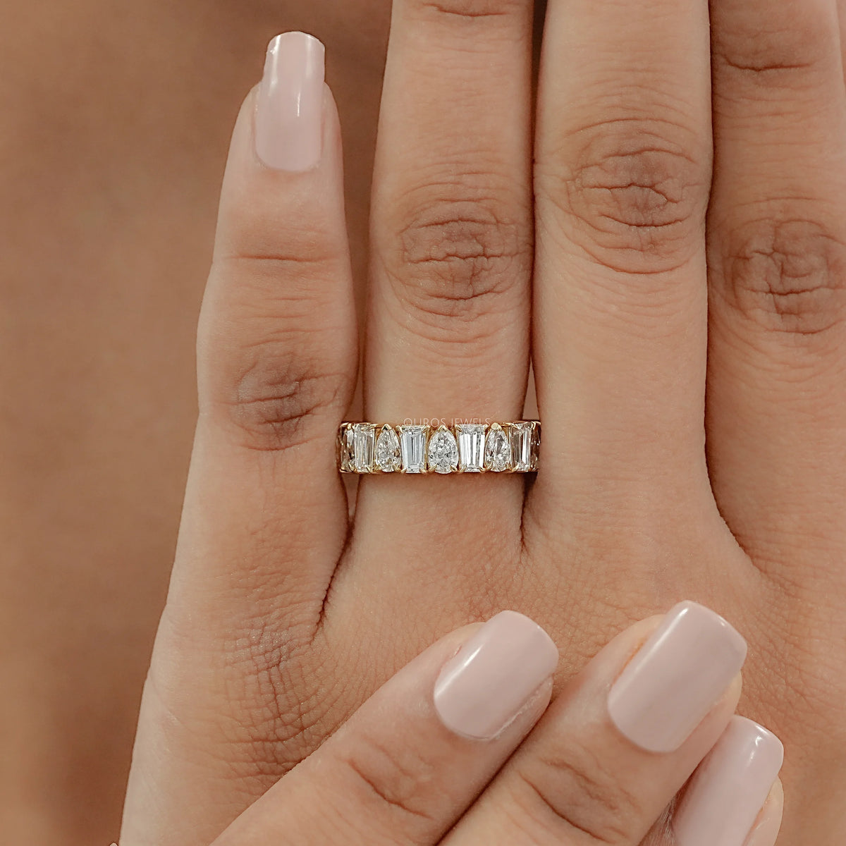 Tapered Baguette and Pear Diamond Half Eternity Wedding Band Rings