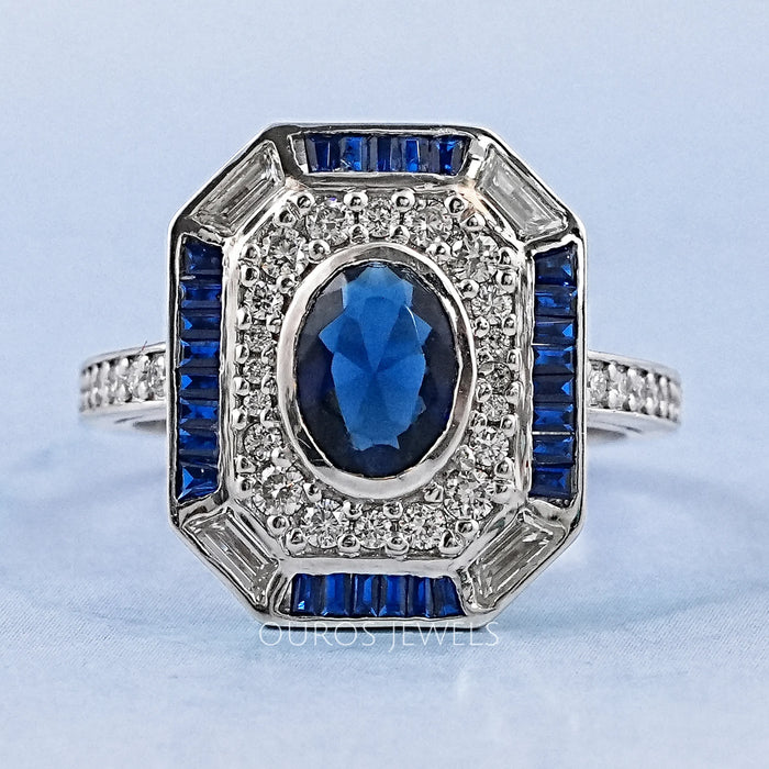 Blue Oval And Baguette Cut GemStone Engagement Ring