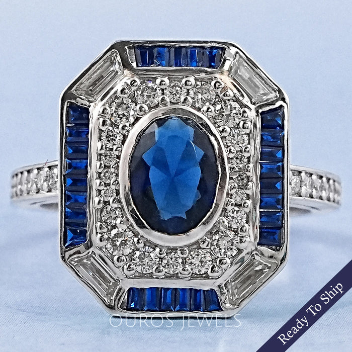 Sapphire Oval And Baguette Diamond Engagement Ring