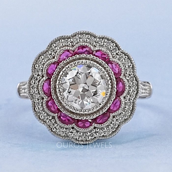 Old European Round Cut & Pink Halo Half Moon Gemstone Ring