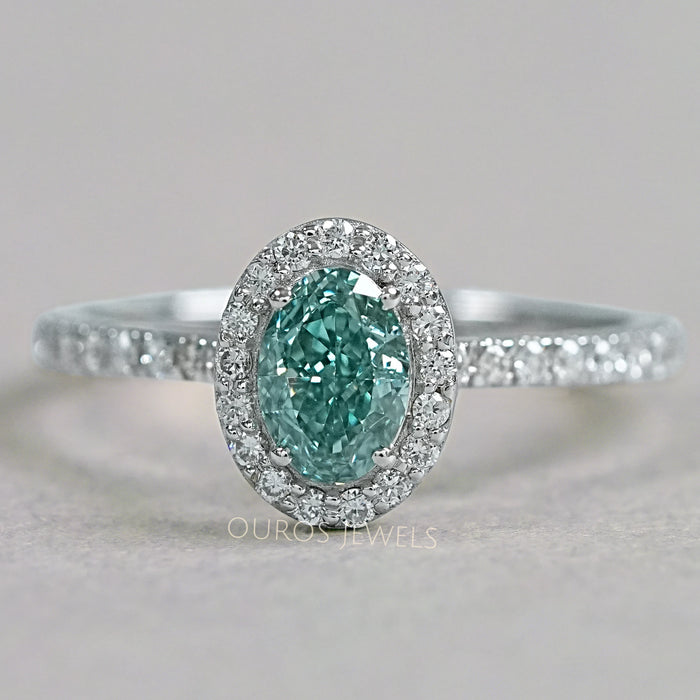 Fancy Vivid Green Oval Cut Lab Diamond Halo Ring