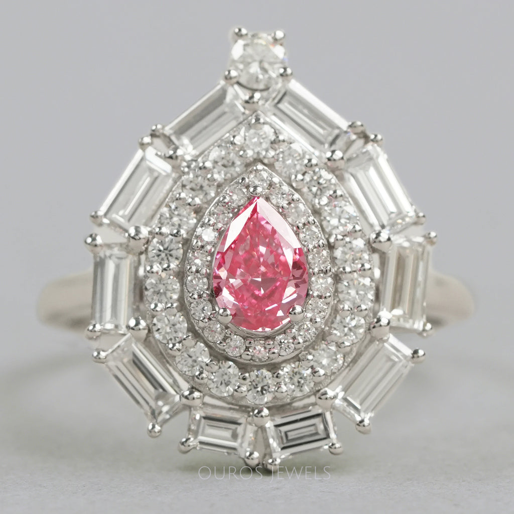 pink pear with baguette and round diamond double halo wedding ring's front view