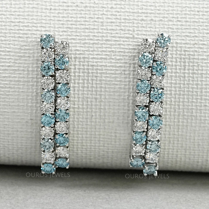 Blue Round Cut Lab Diamond Double Row Earrings