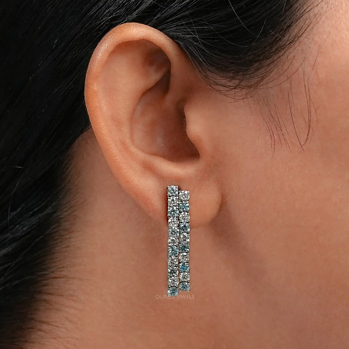 Double Row Blue Round Lab Diamond Earrings Earrings