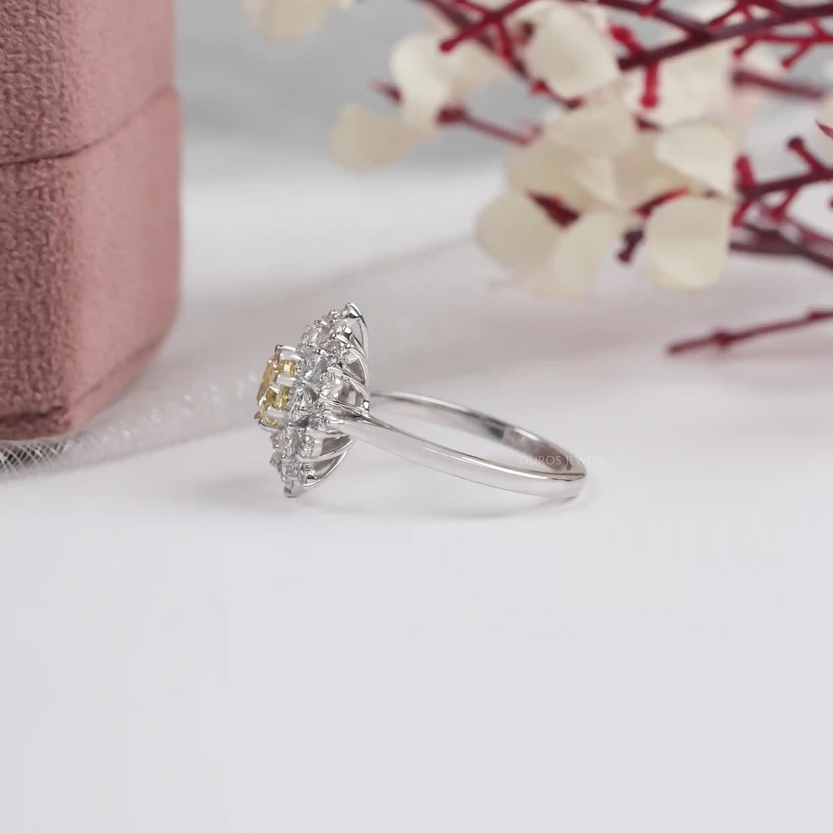 Yellow Cushion Cut Lab Diamond Sunburst Cluster Set Halo Ring Ring