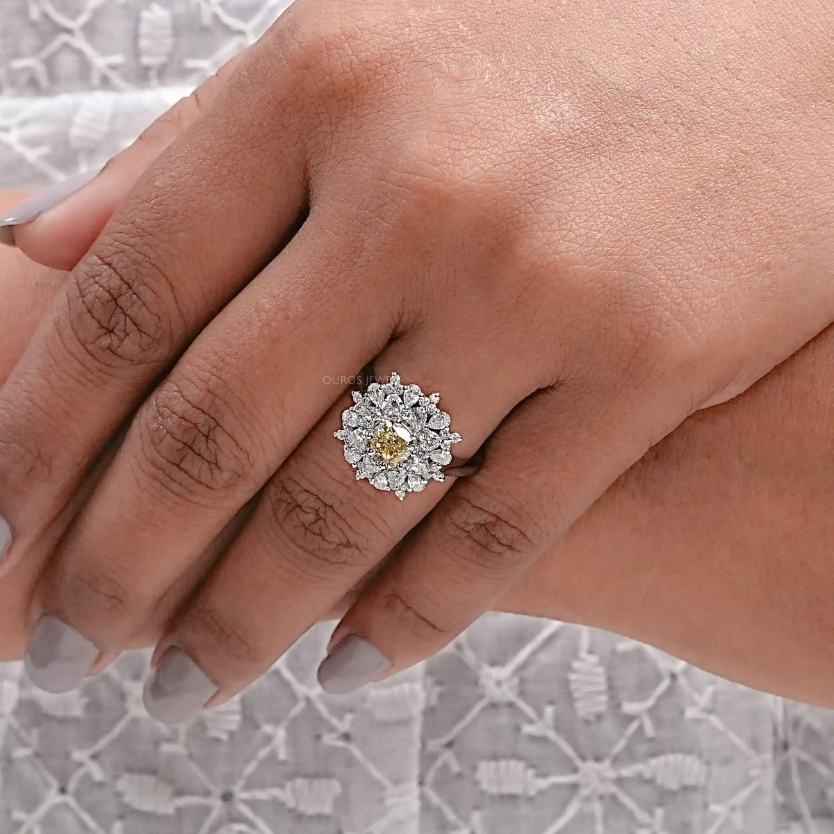 Yellow Cushion Cut Lab Diamond Sunburst Cluster Set Halo Ring Ring