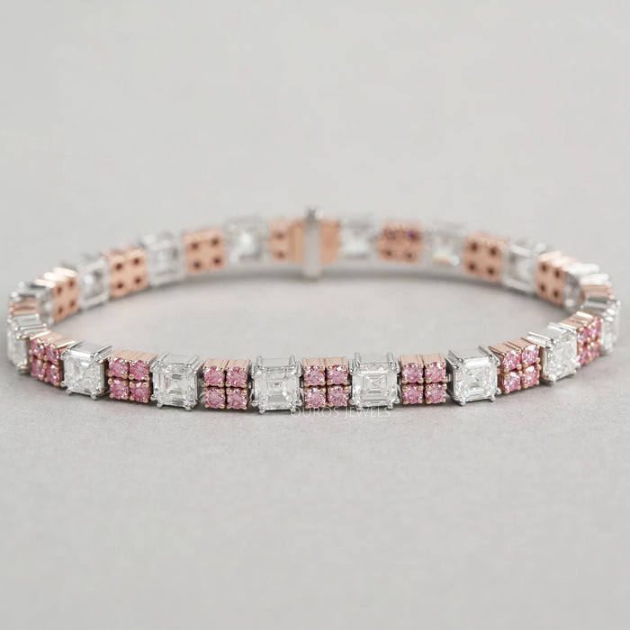 Pink Round & Asscher Cut Diamond Link Bracelet