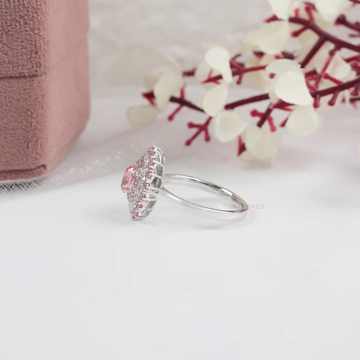 Pink Oval Cut Lab Diamond Double Halo Engagement Ring Ring