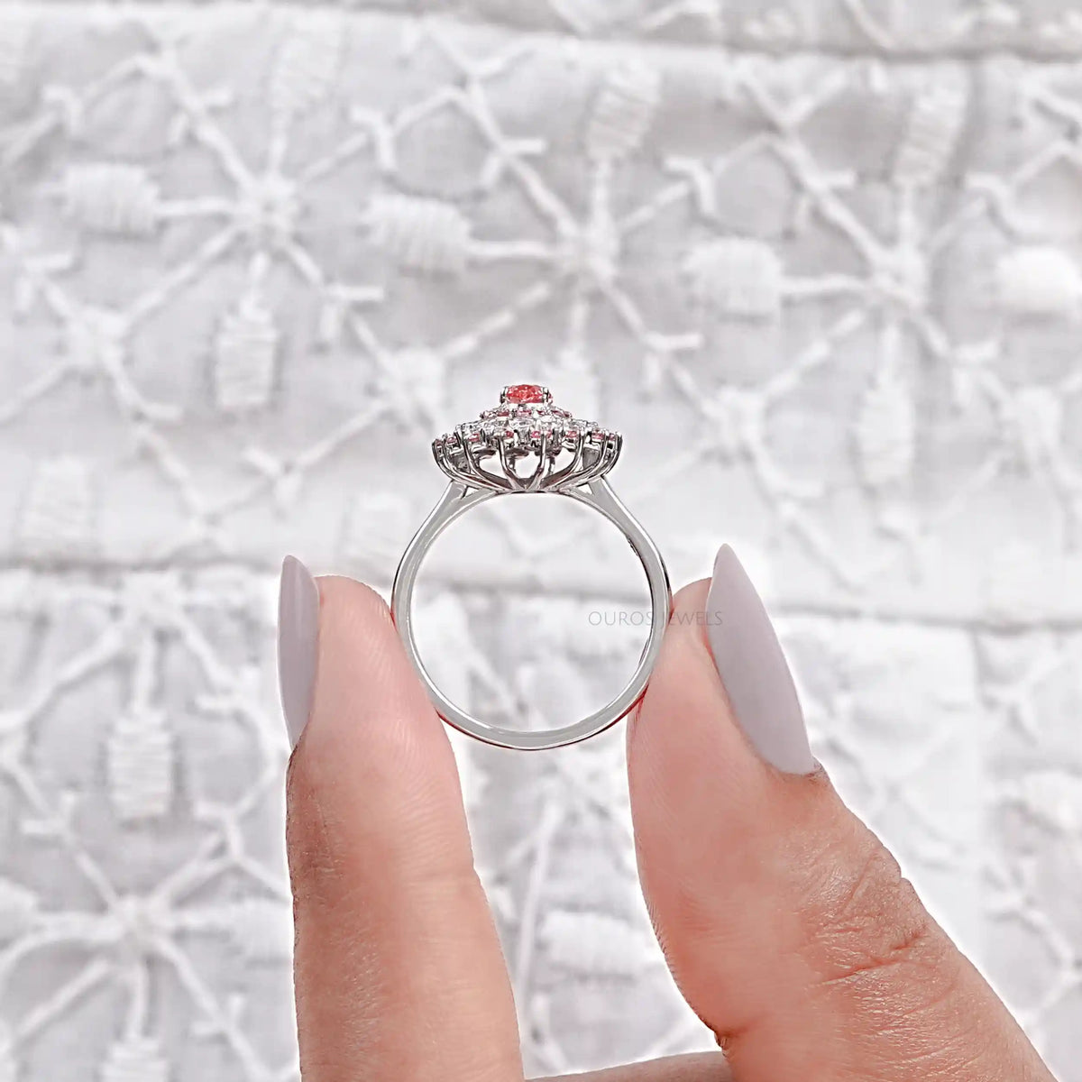 Pink Oval Cut Lab Diamond Double Halo Engagement Ring Ring