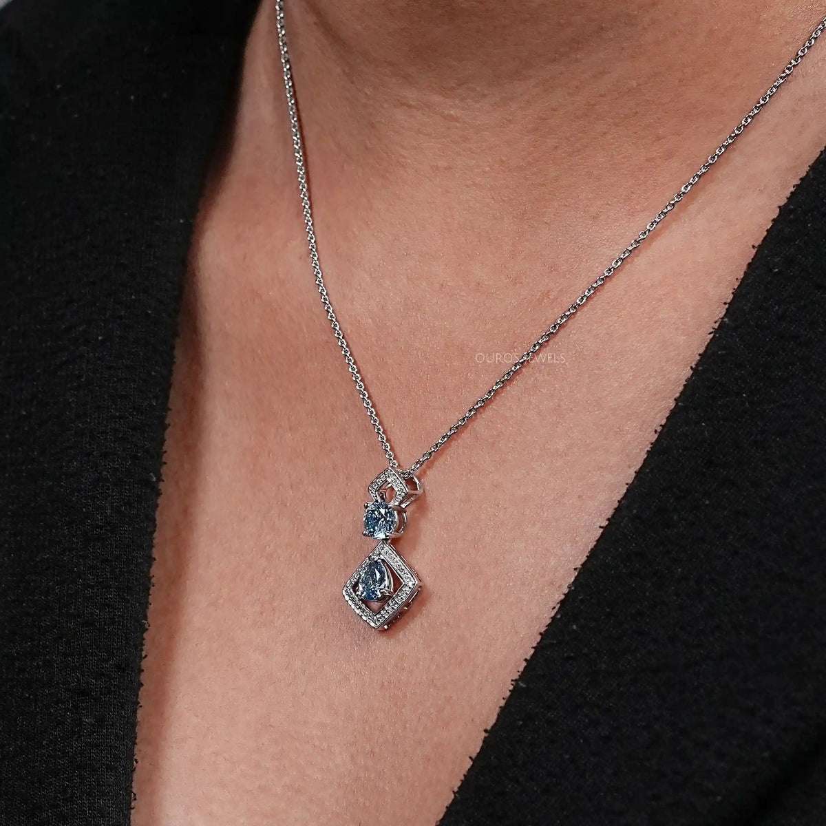 Blue Pear And Round Diamond Floating Pendant Necklaces