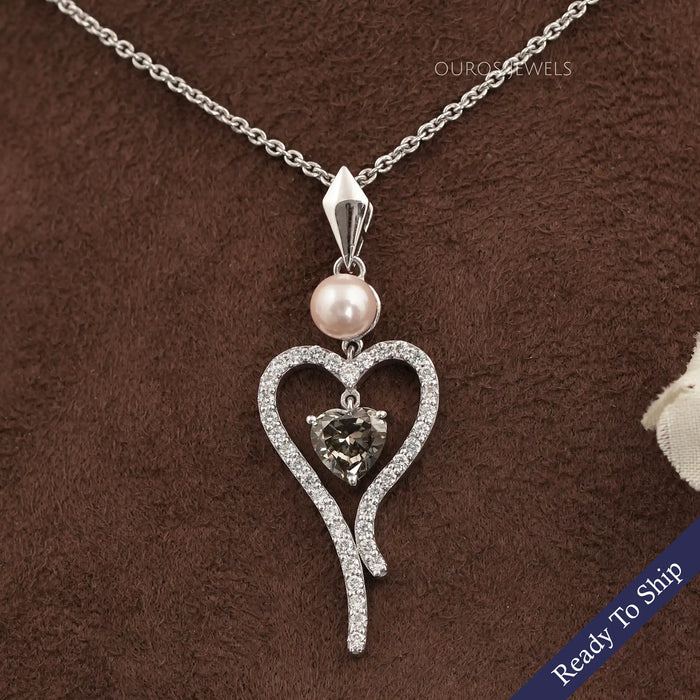 Olive Heart Diamond And Pearl Pendant