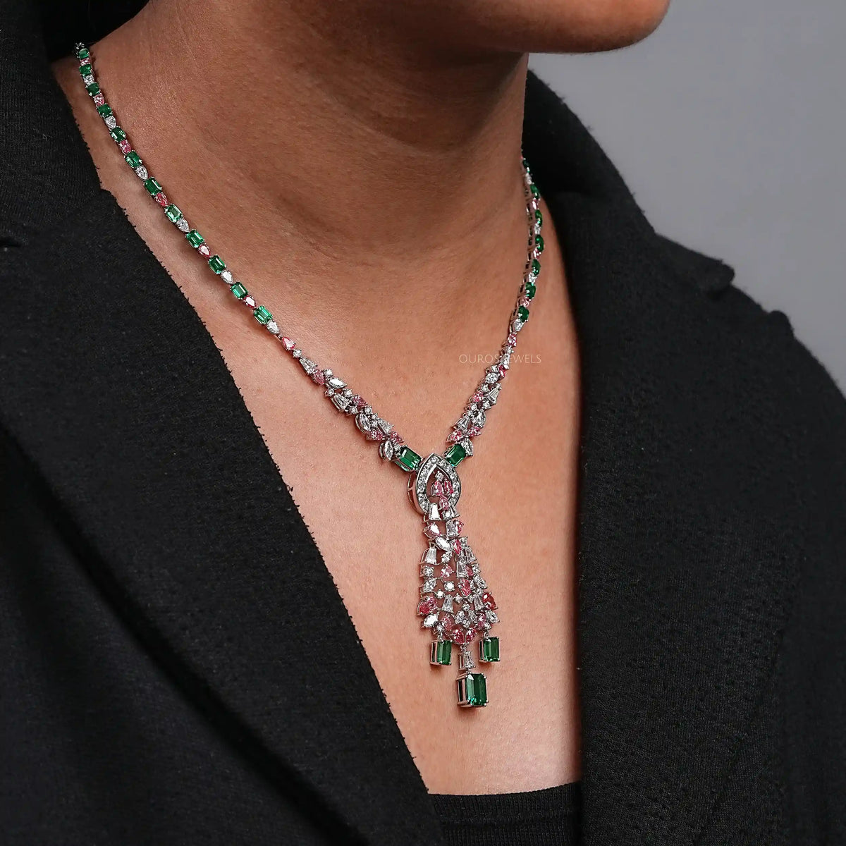Pink Pear Diamond and Emerald Gemstone Bridal Necklace Necklaces
