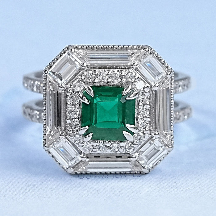 Asscher Shape Lab Gemstone Halo Anniversary Ring