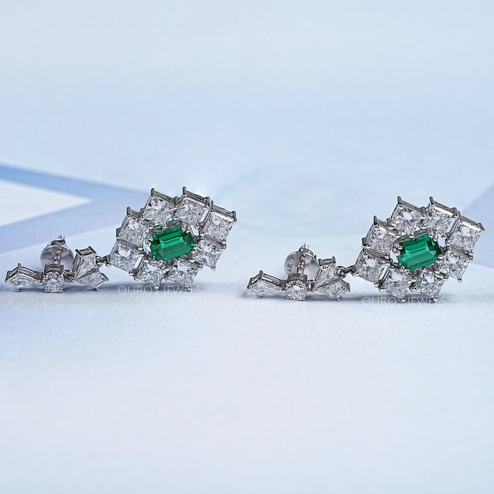 Green Gemstone And Princess Halo Earrings