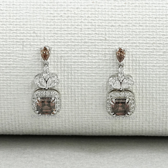 Brown Asscher Cut Halo Diamond Drop Earrings