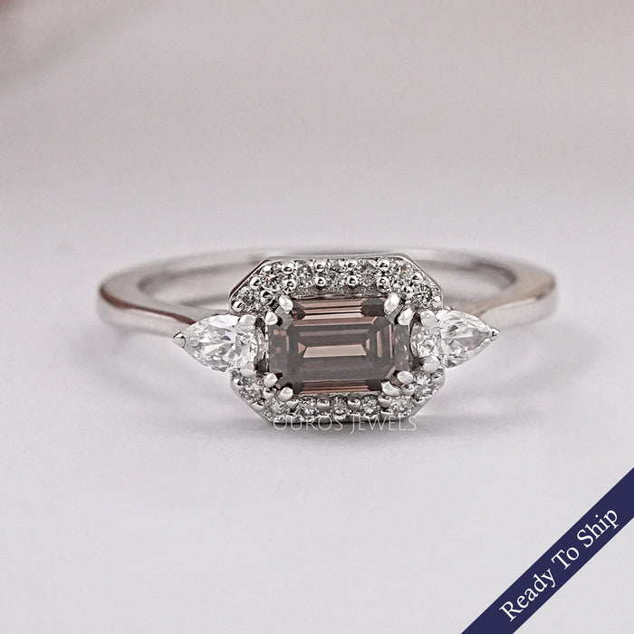 Brown Emerald Cut Lab Diamond Three Stone Halo Ring