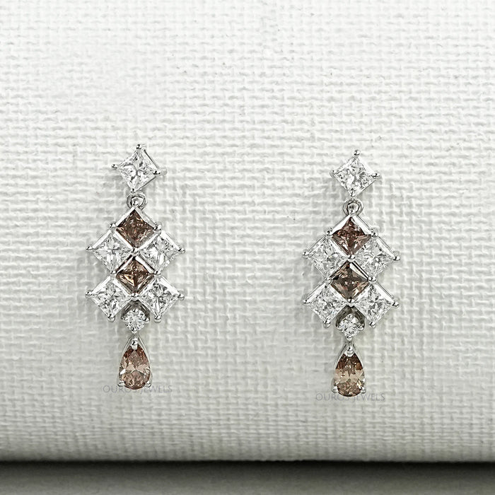 Brown Princess Cut Cluster Diamond Drop Earrings