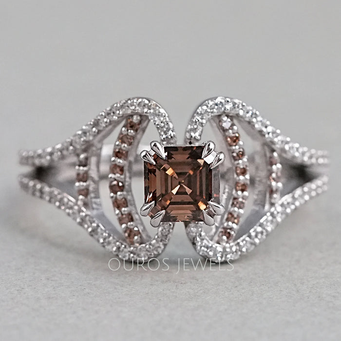 Asscher Cut Brown Diamond Split Shank Ring