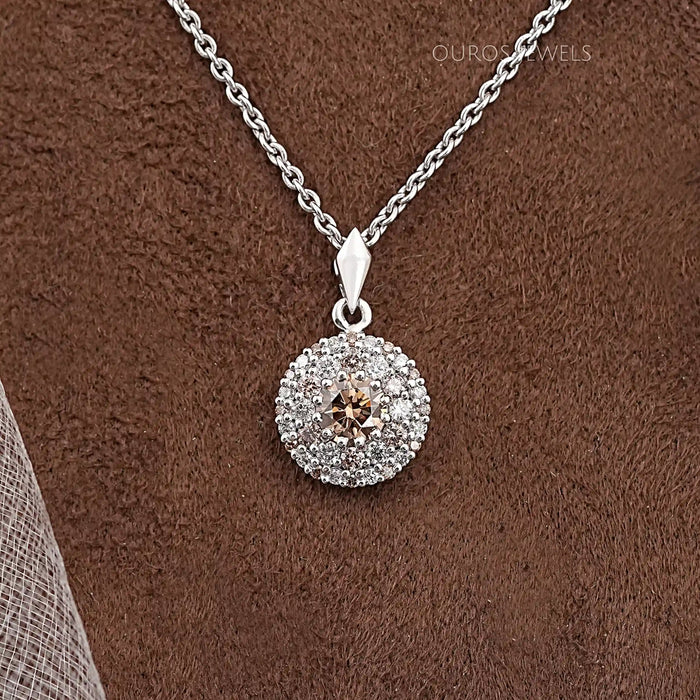 Double Halo Brown Round Cut Diamond Pendant