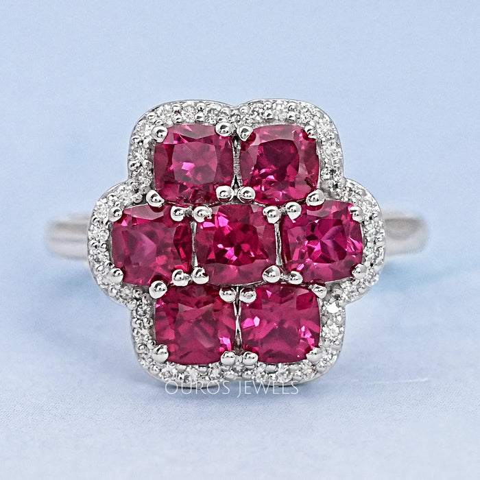 Red Ruby Cushion & Diamond Flower Halo Ring
