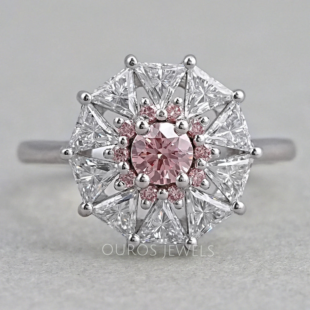 pink round cut diamond triangle halo engagement ring's front view