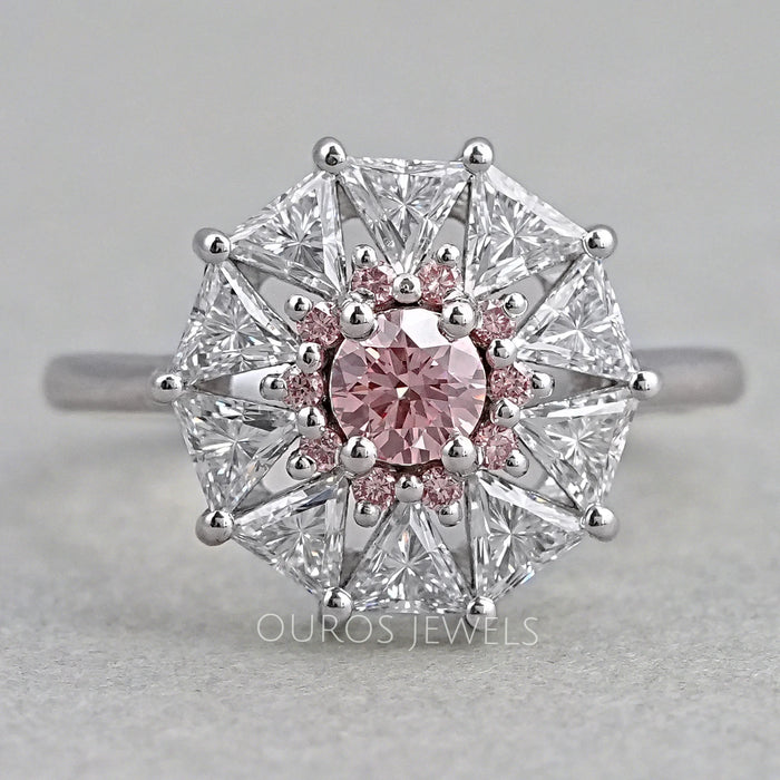 Pink Round Cut Halo Triangle Engagement Ring