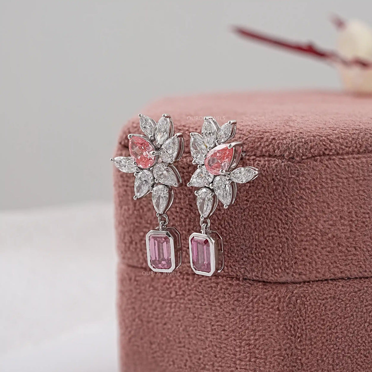 Pink Emerald And Pear Diamond Cluster Drop Earrings Earrings