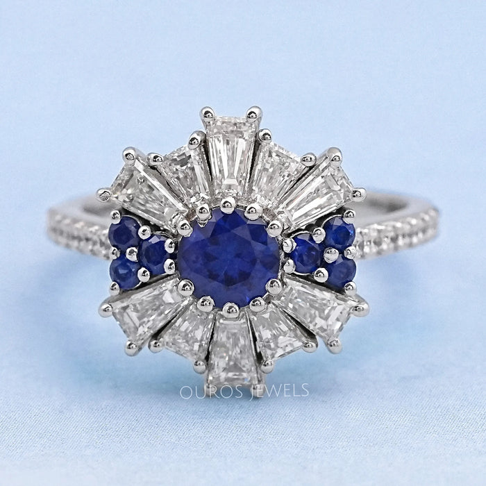 Tapered Baguette With Blue Round Gemstone Cluster Ring