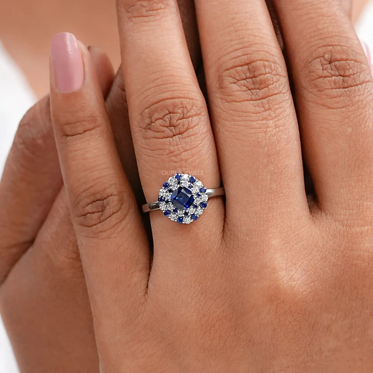 Blue Cushion Cut Lab Gemstone Double Halo Ring Ring