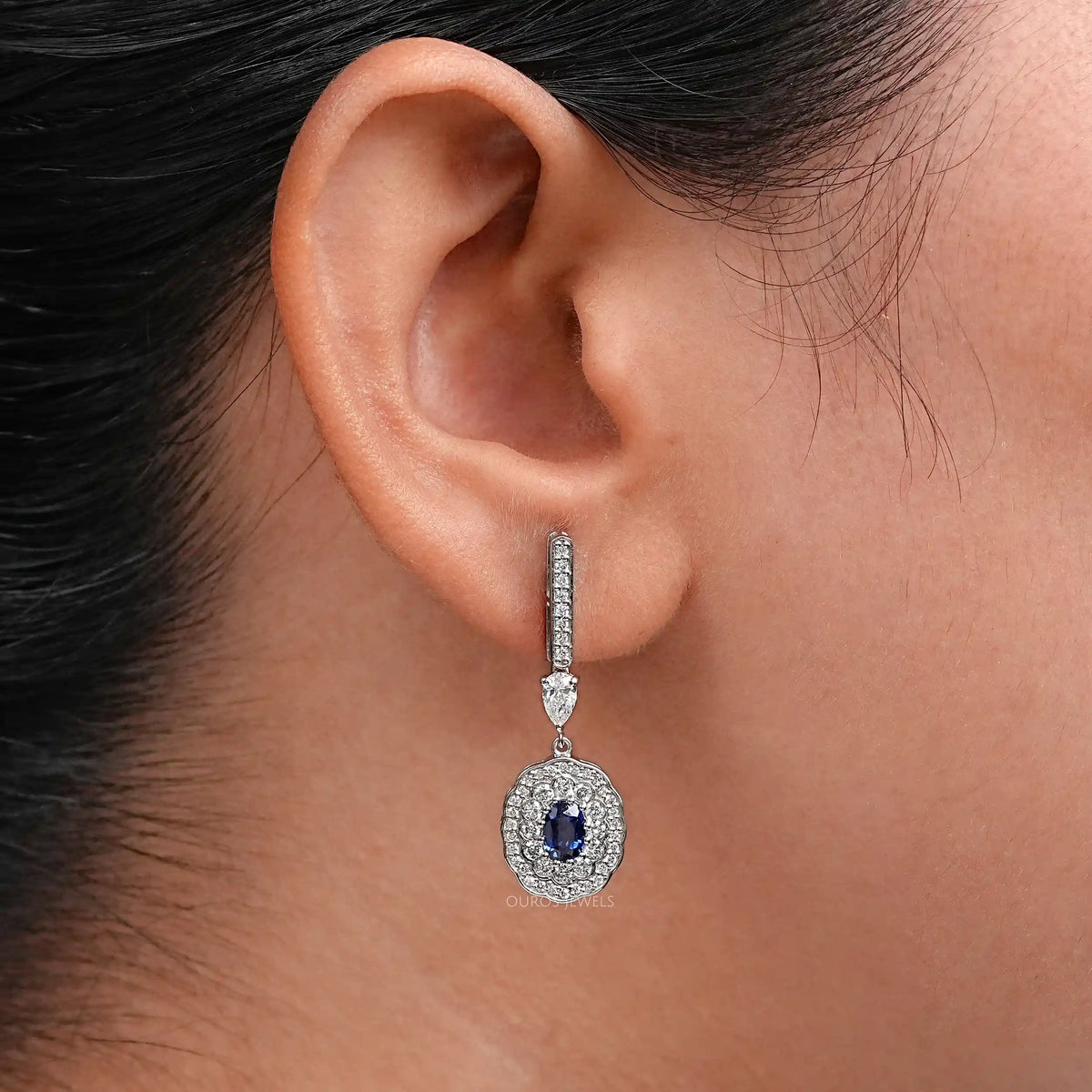 Sapphire Oval Gemstone And Double Halo Drop Earrings Earrings