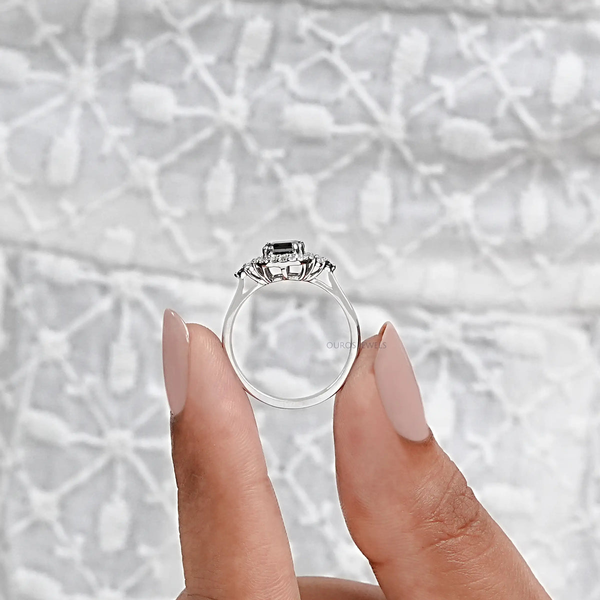 Black Asscher Diamond Halo Engagement Ring Rings