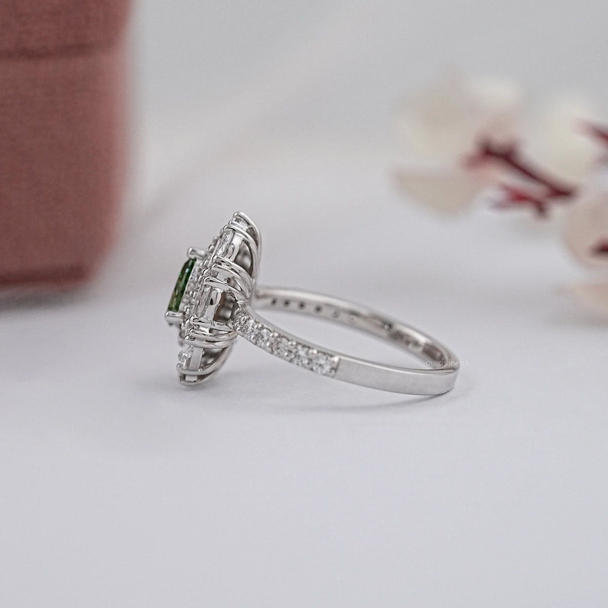 Green Pear Diamond Double Halo Engagement Ring Rings