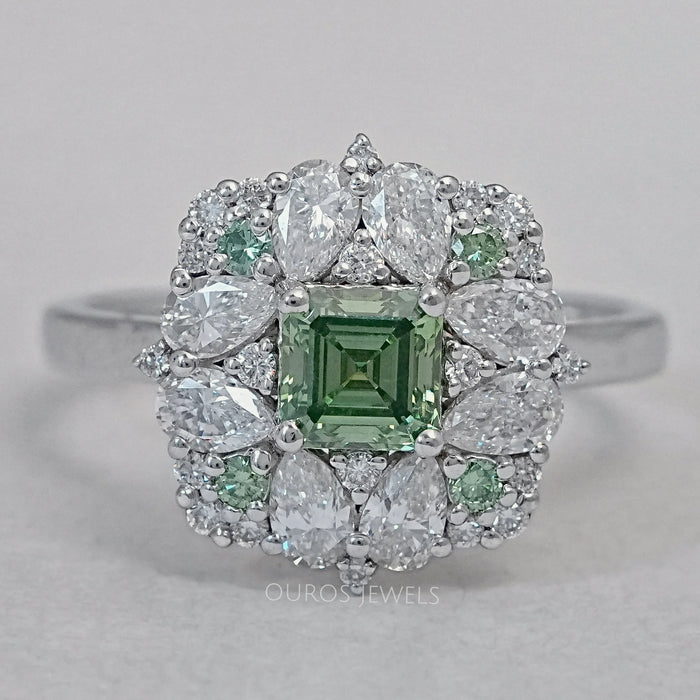 Asscher Cut Green Lab Diamond Cluster Engagement Ring