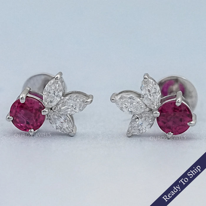 Ruby Round And Marquise Lab Diamond Stud Earrings