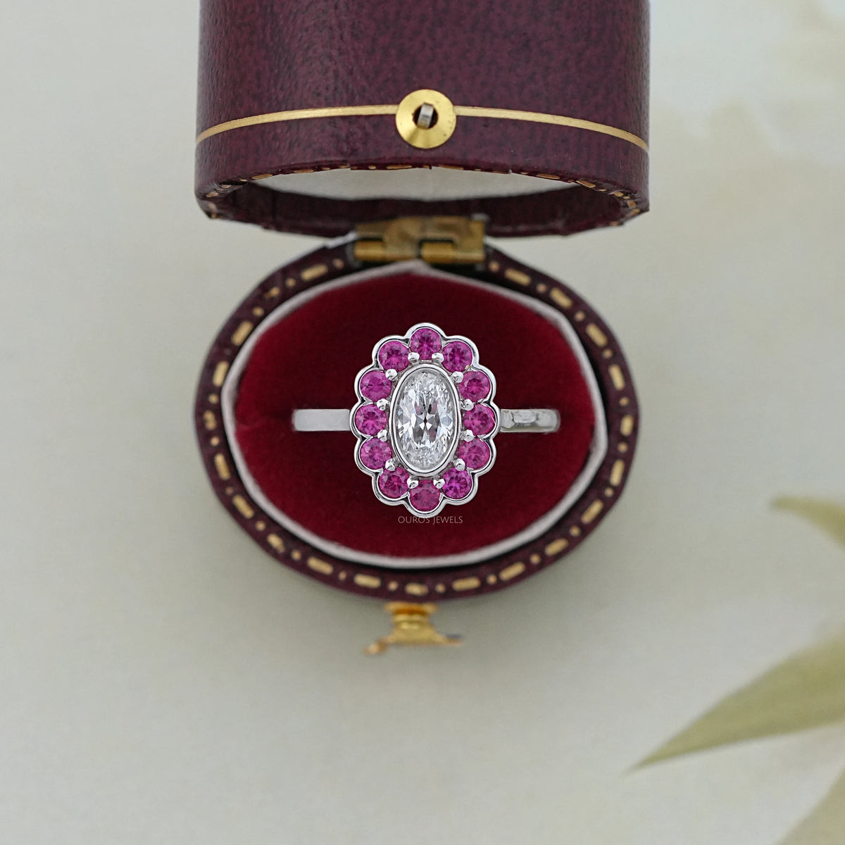 Old Mine Oval Cut Pink Halo Floral Engagement Ring Ring
