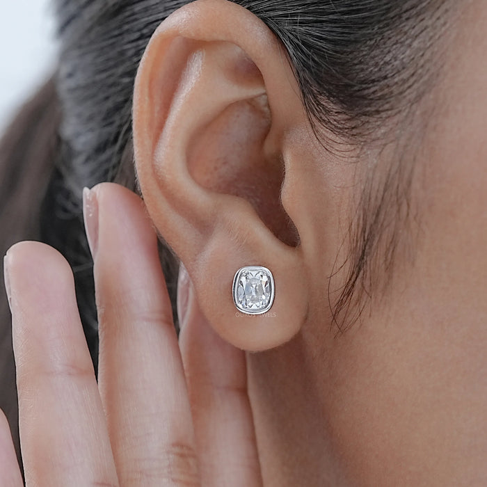 Old Mine Cushion Diamond Bezel Set Stud Earrings
