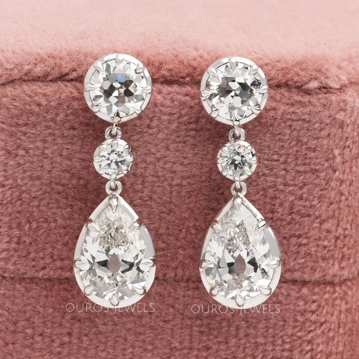 Old Mine Pear And OEC Round Cut Lab Diamond Dangle Earrings