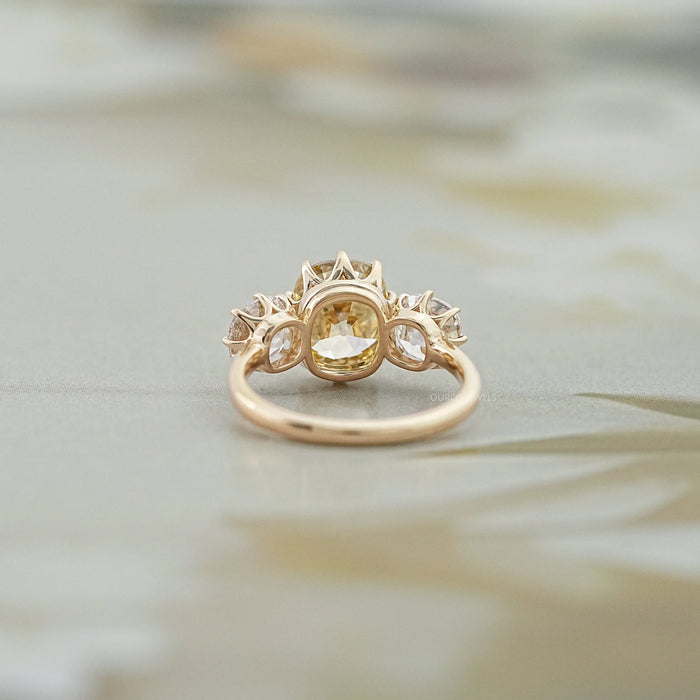 Fancy Yellow Old Mine Cushion Diamond Three Stone Ring
