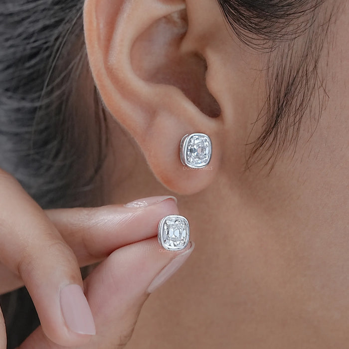 Old Mine Cushion Diamond Bezel Set Stud Earrings
