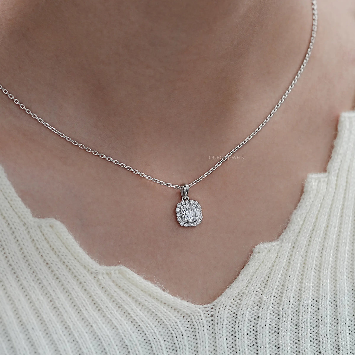Old Mine Cushion Lab Diamond Halo Pendant Necklaces