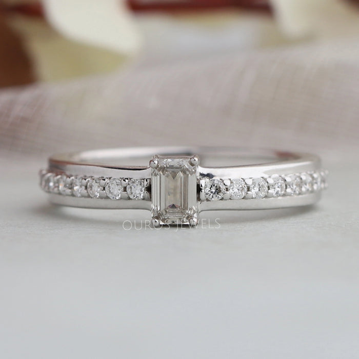 Olive Emerald Cut Diamond Pave Wedding Ring