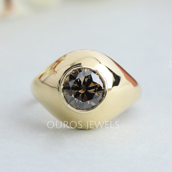 Fancy Olive Round Bezel Solitaire Diamond Ring